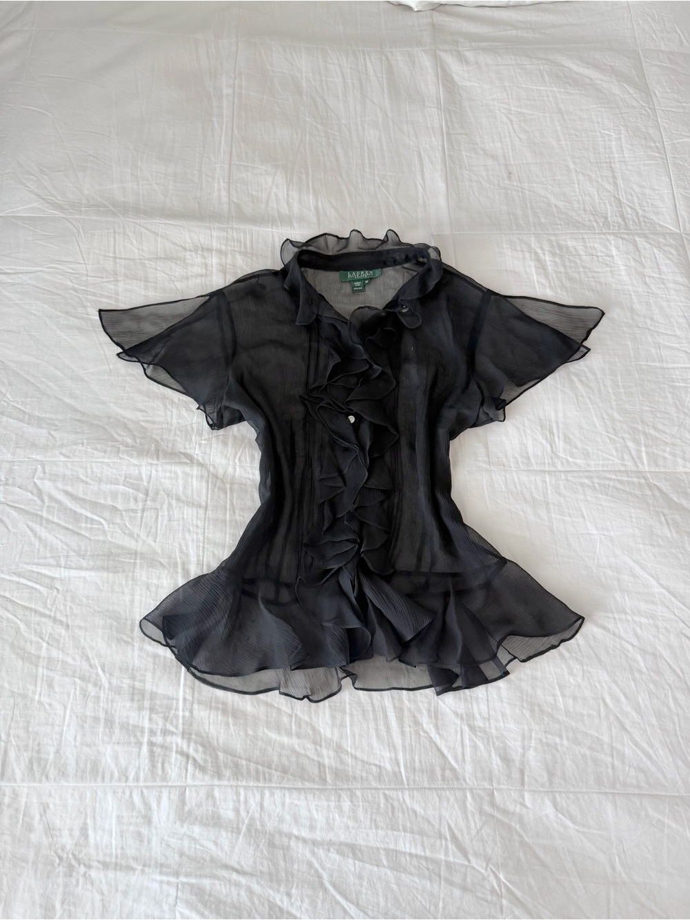 Gothic Coquette Ralph Lauren Black Silk Flutter Sleeve Buttoned Blouse Size 10P